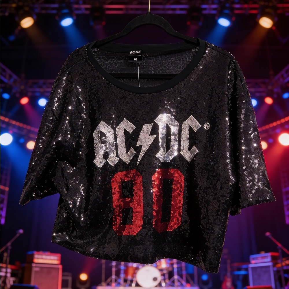 AC/DC Black Sequin Crop Top with Red '80'. Oversized…. - Picture 2 of 4